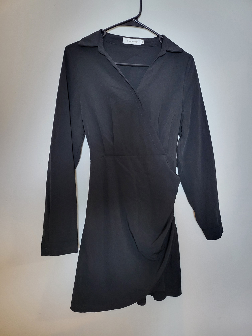Minimalist Black Wrap-Front Long Sleeve Dress
